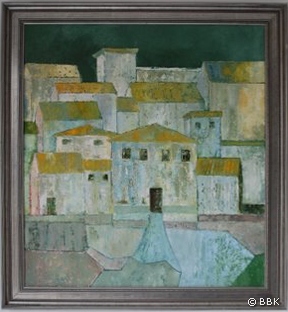 schilderij_toscaans dorp.JPG - Toscaans dorp in avondzon, 90x100 cm